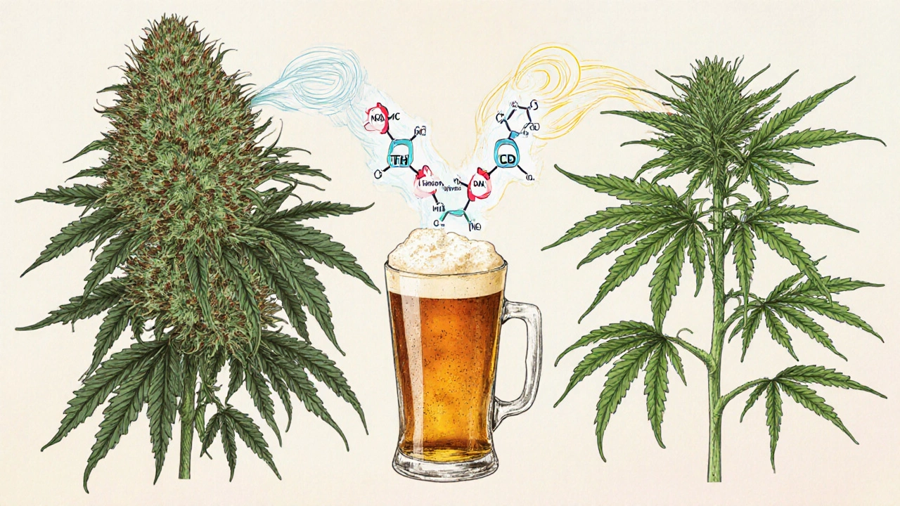 Botanické ilustrace dvou konopných rostlin s molekulami THC, CBD a terpénů nad pivem.