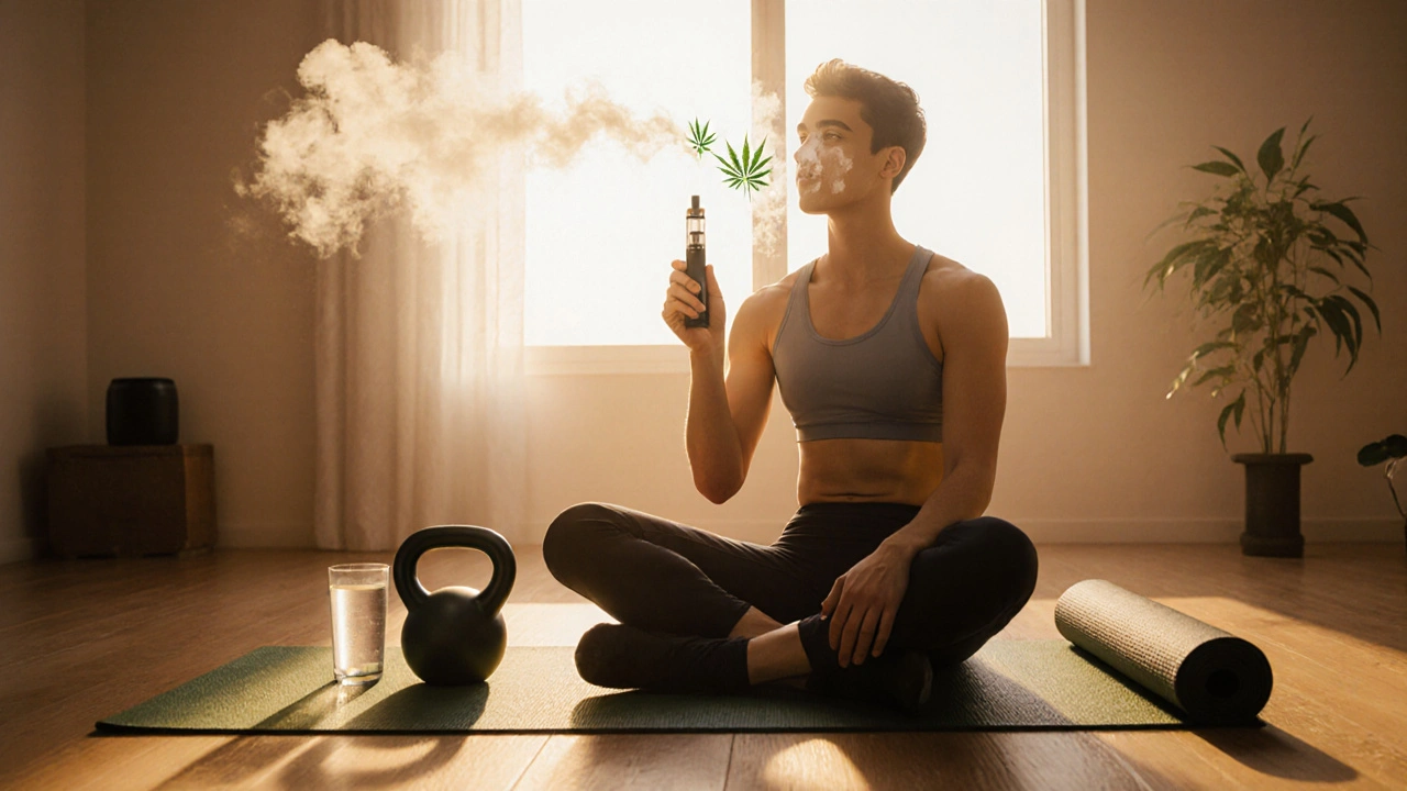 Osoba v domácí posilovně ráno inhaluje z vaporizéru s CBD květem, kolem ní světélkující energie.