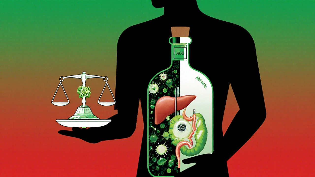 Konceptuální obrázek lidského těla s malým thujonem a velkým alkoholem — alkohol ničí játra, thujon je neškodný.