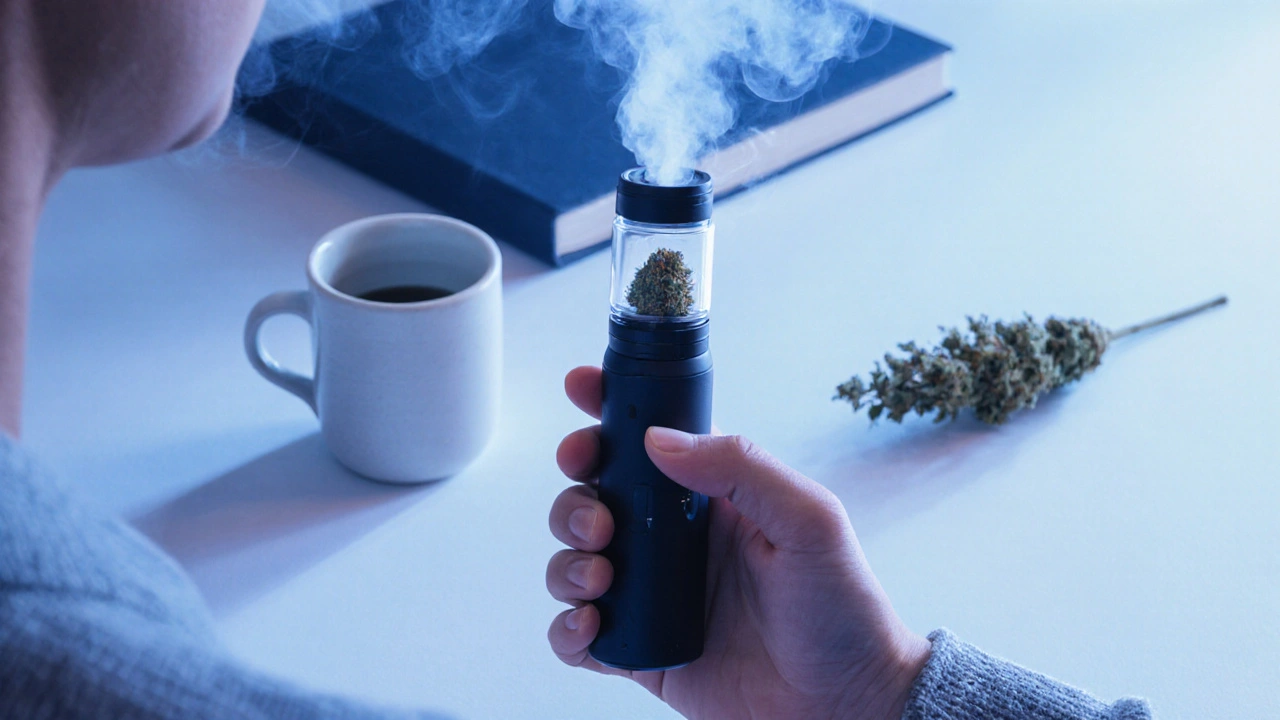 Osoba používá parník s CBD květem v moderním prostředí.