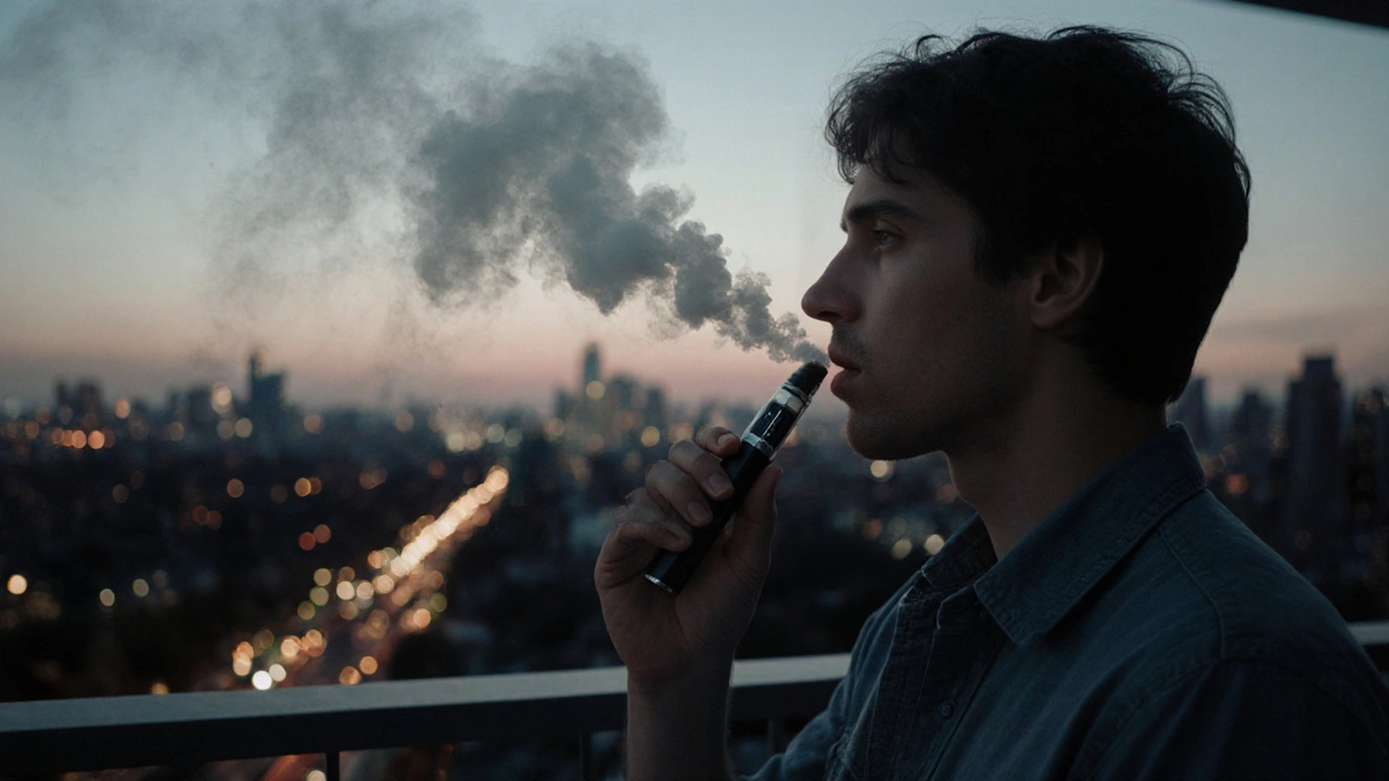 Person using an HHC vape pen on a balcony at dusk, no visible smoke.