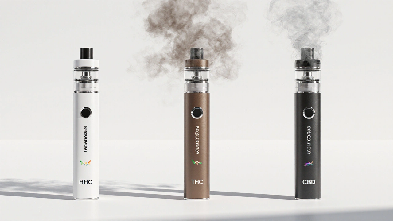 Three vape pens side by side showing different vapor densities: HHC, THC, and CBD.