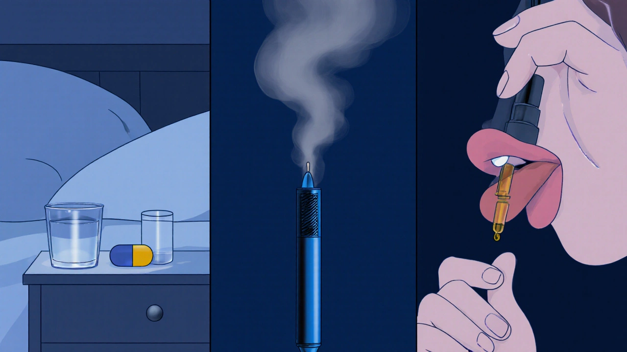 Tři způsoby užívání CBN: kapsle, vaping a olej pod jazyk.