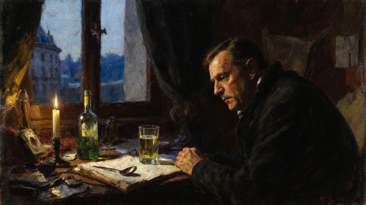 Umělec v 19. století v dílně s prázdnou láhví absintu a rozptýlenými náčrty, světlo z svíčky a tmavé okno.
