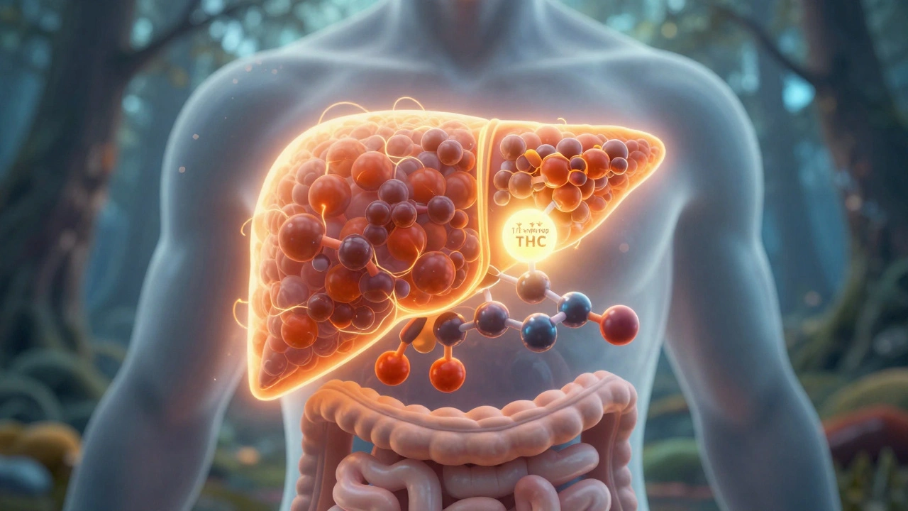 Abstraktní obrázek játra přeměňující molekulu THC na silnější metabolit v klidné přírodní scéně.