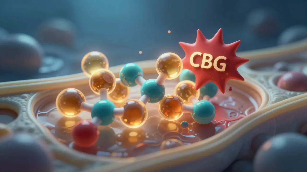Molekulární znázornění CBG blokujícího zánětlivé signály v kloubu.