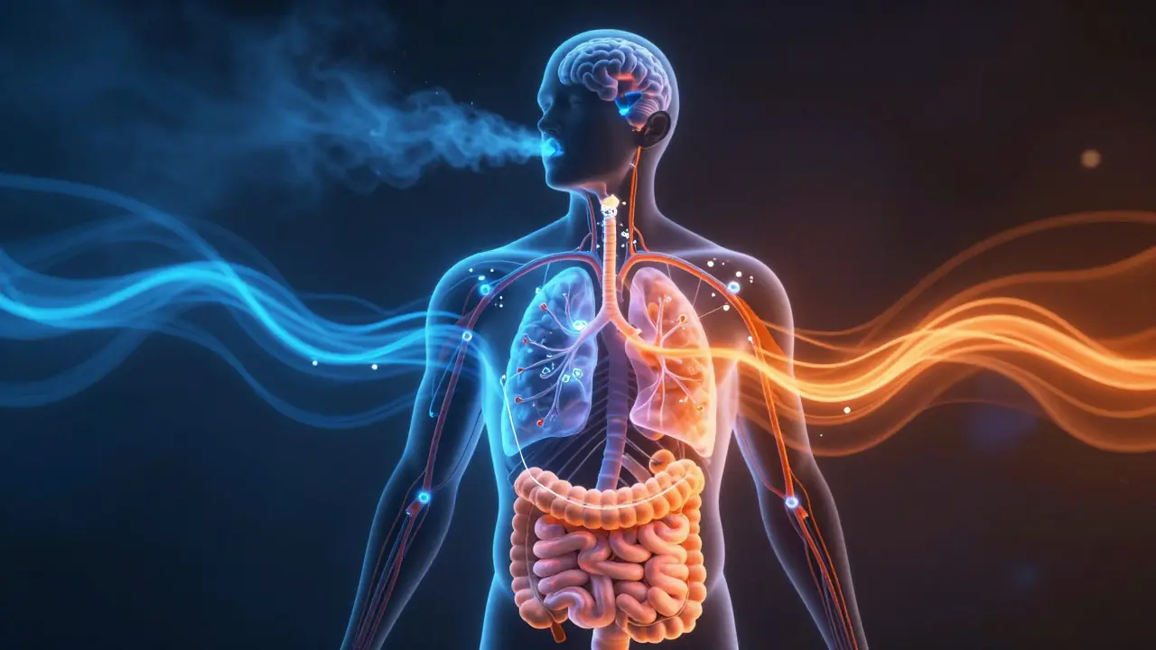Schematický obrázek těla s cestami metabolitů Delta-8 vstupujících do krve.