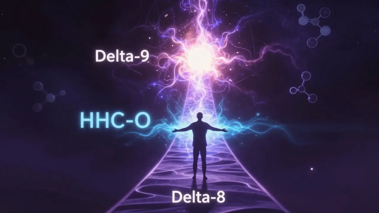 Tři úrovně cannabinoidů: Delta-8, HHC-O a Delta-9 jako postupně silnější energie vedoucí k člověku.