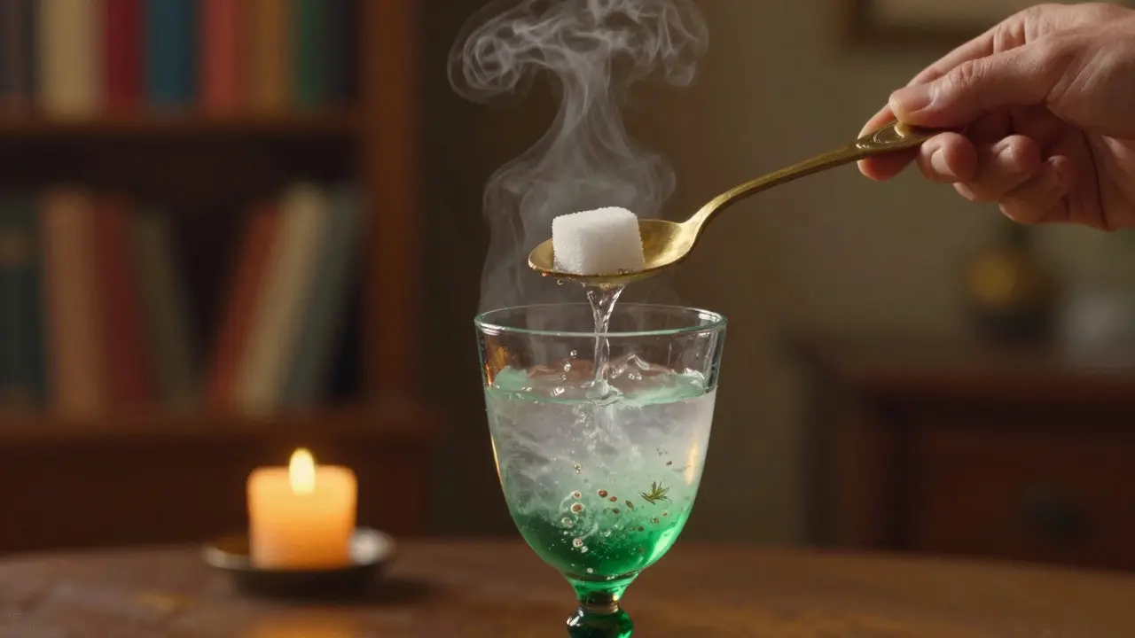 Close-up of hand pouring water slowly over sugar on spoon into green absinthe.