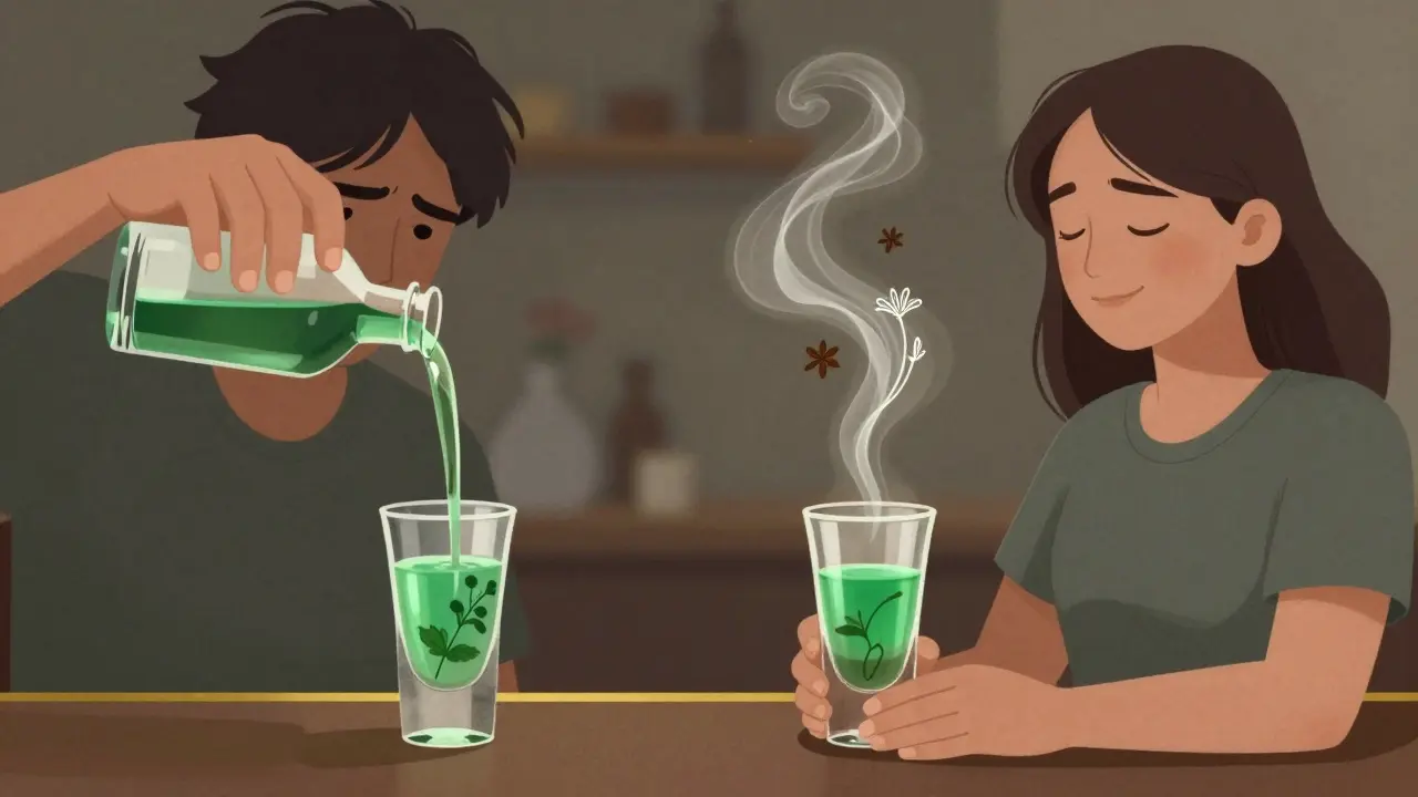 Contrasting images of rushed vs. mindful absinthe drinking with herbal aromas rising.