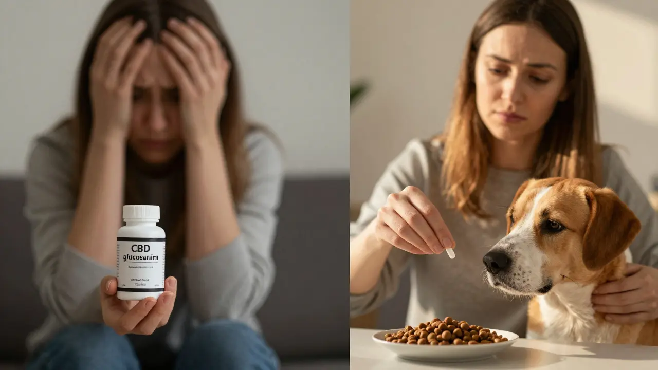 Kontrast mezi nebezpečným lidským CBD a bezpečným veterinárně schváleným doplňkem pro psa.