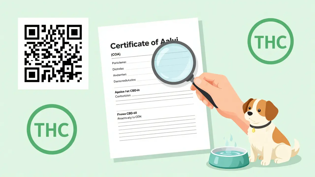 Veterinář prohlíží certifikát o analýze CBD oleje pro zvířata s nulovým obsahem THC.