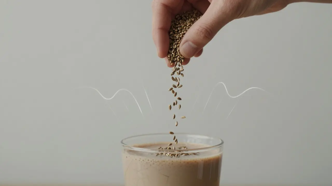 Hand pouring hemp seeds into a smoothie with subtle energy waves radiating, contrasting a fading coffee cup.