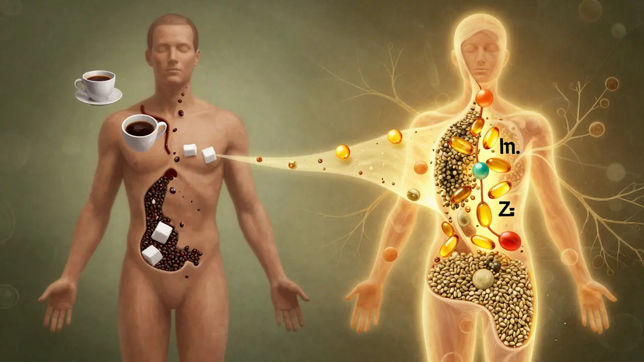 Illustration comparing chaotic energy from coffee and sugar to calm, sustained energy from hemp seeds and minerals.