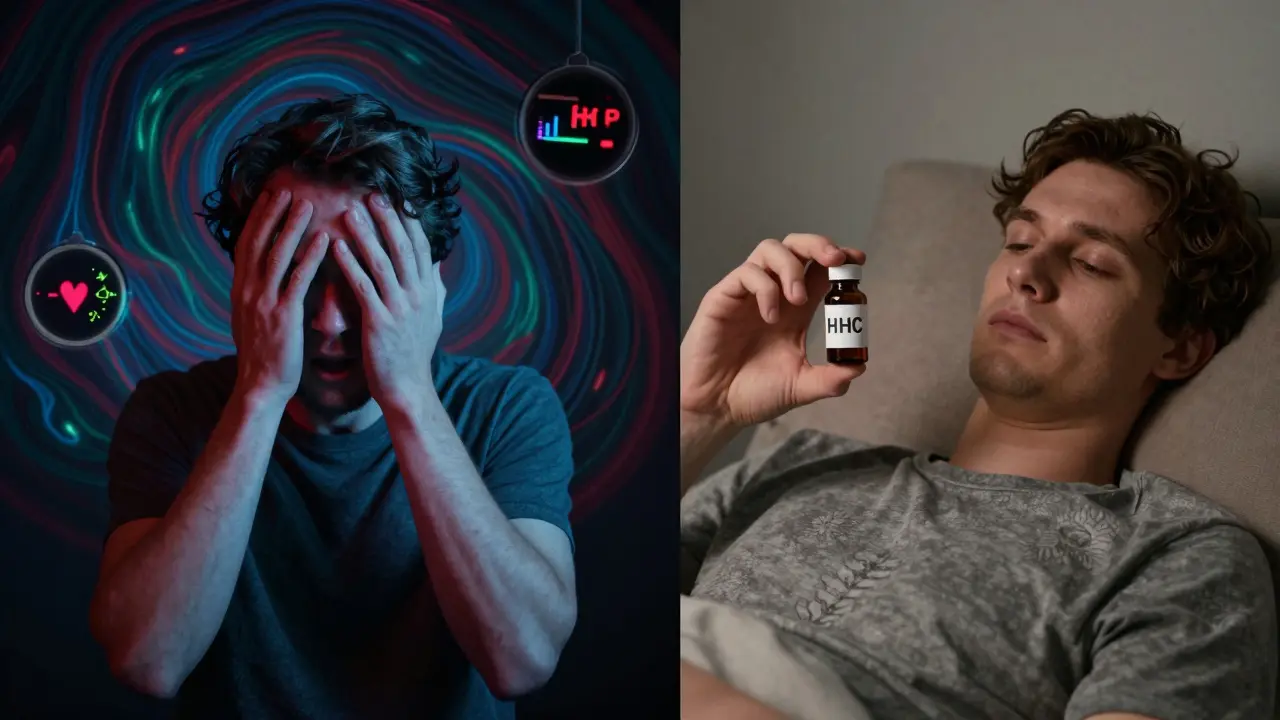 Kontrast mezi nebezpečnou reakcí na THCP a klidným účinkem HHC u dvou lidí.