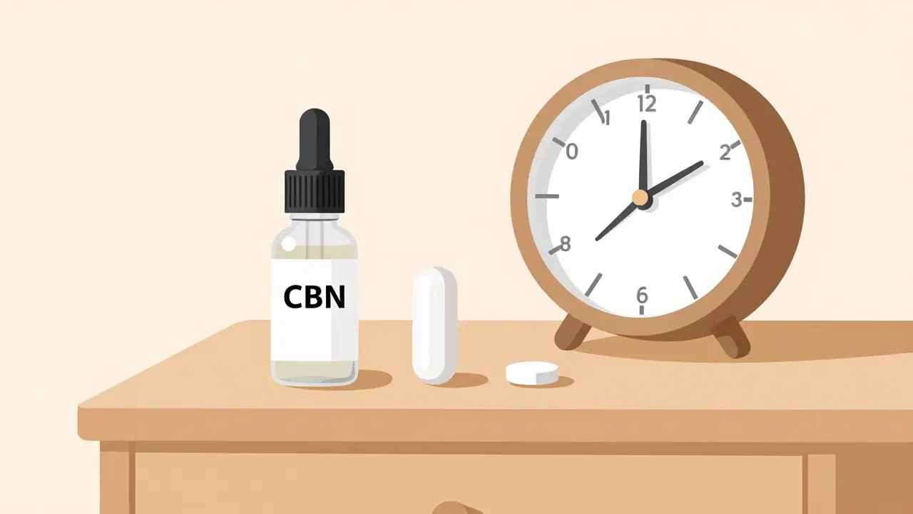 Tři formy CBN produktů na nočním stolku: olej, kapsle, tablety s analogovými hodinami.