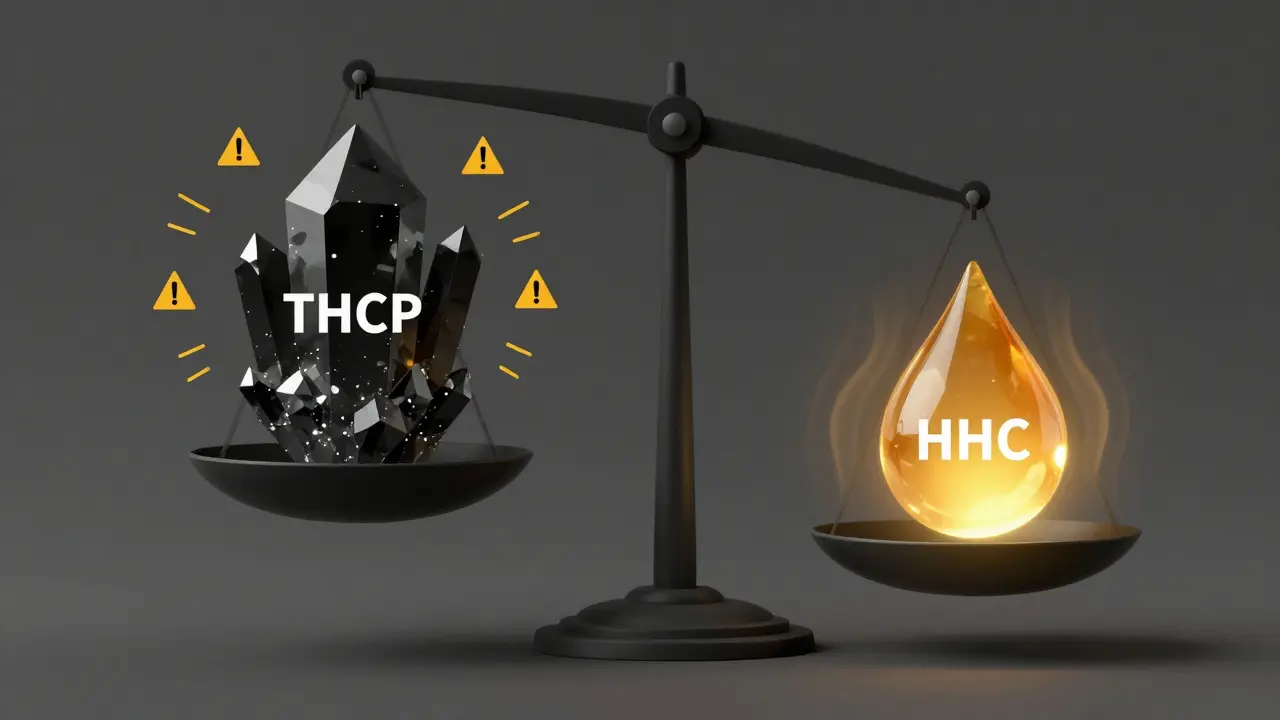 Váha mezi nebezpečným THCP a bezpečnějším HHC, symbolizující legální šedou zónu.