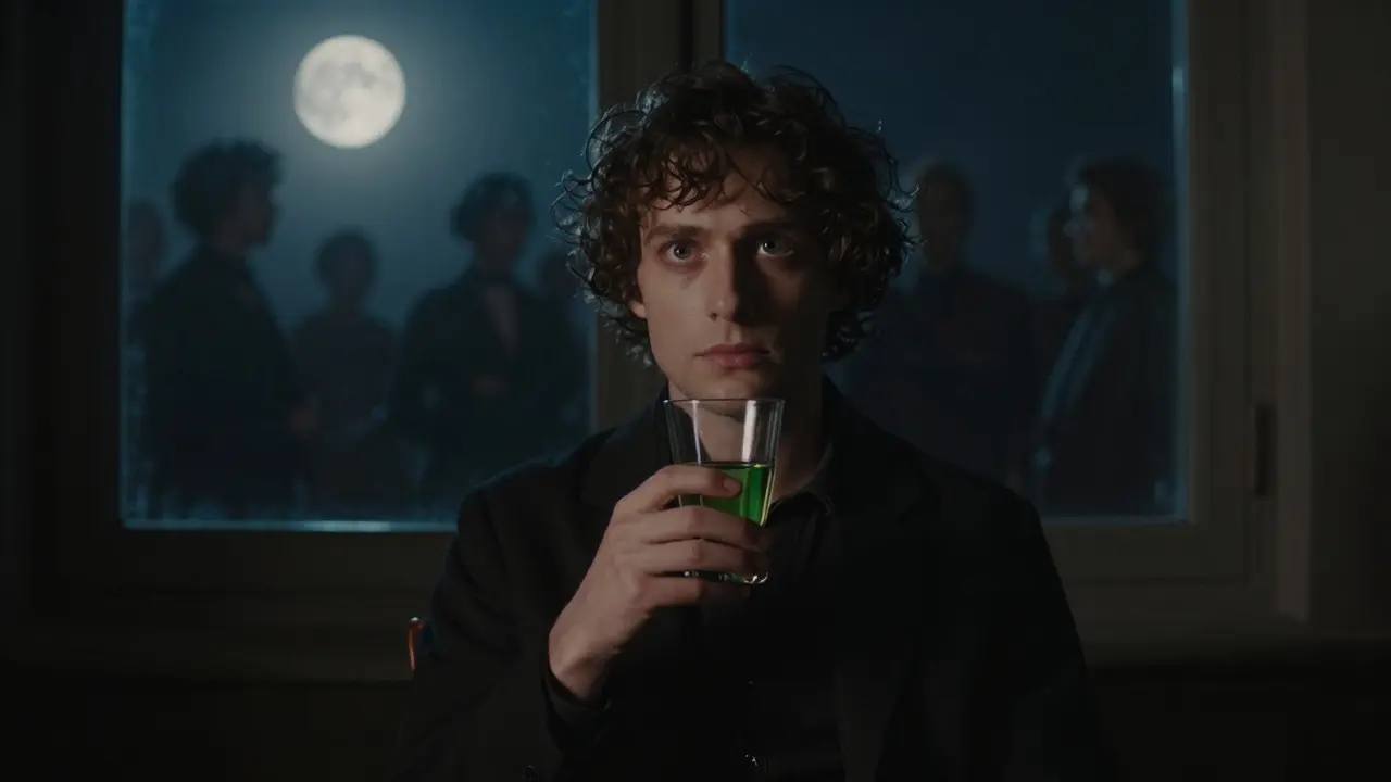 Člověk drží sklenici absintu v temné místnosti, za ním stíny historických umělců.