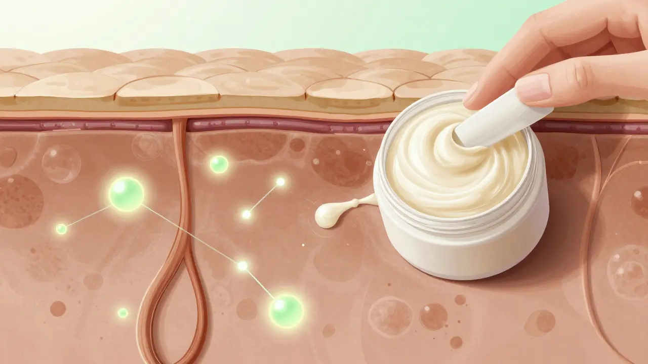 Přehled kůže s vrstvami epidermis a dermis, kde CBD aktivuje receptory.