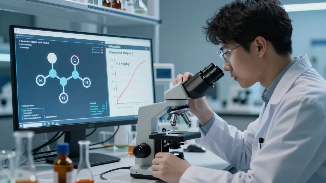 Vědec v laboratoři analyzuje absint s molekulárními strukturami ethanolu a thujonu.