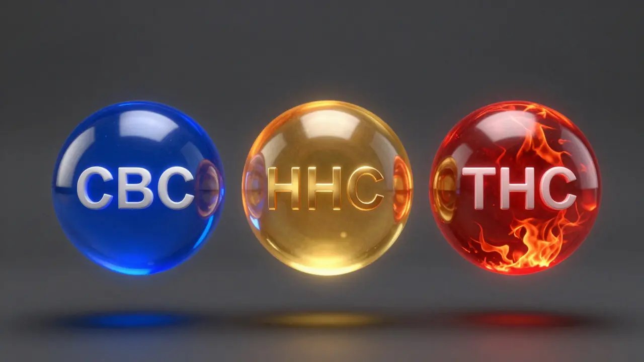 Konceptuální zobrazene HHC jako zlatá střední cesta mezi CBD a THC.
