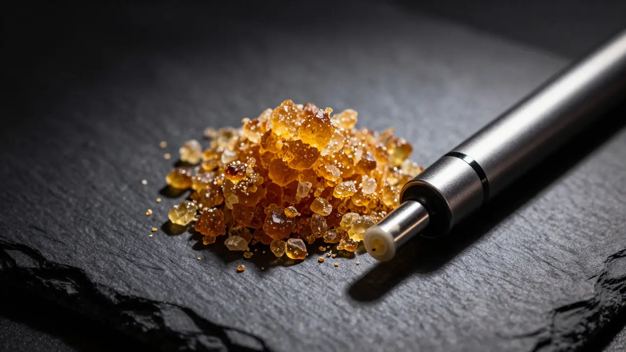 Makro detail zlatavého CBD crumble na tmavém podkladu s vapařidlem.