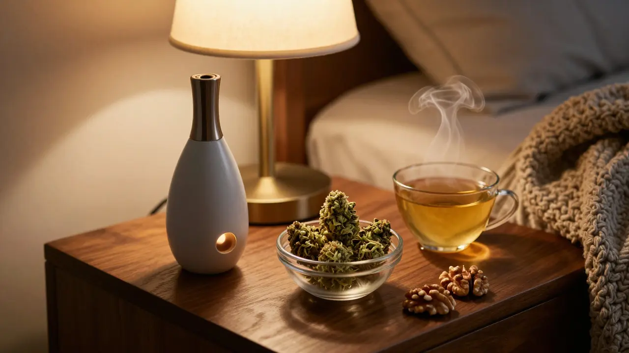 Sada pro relaxaci s CBD květy, vaporizérem a ořechy na nočním stolku.