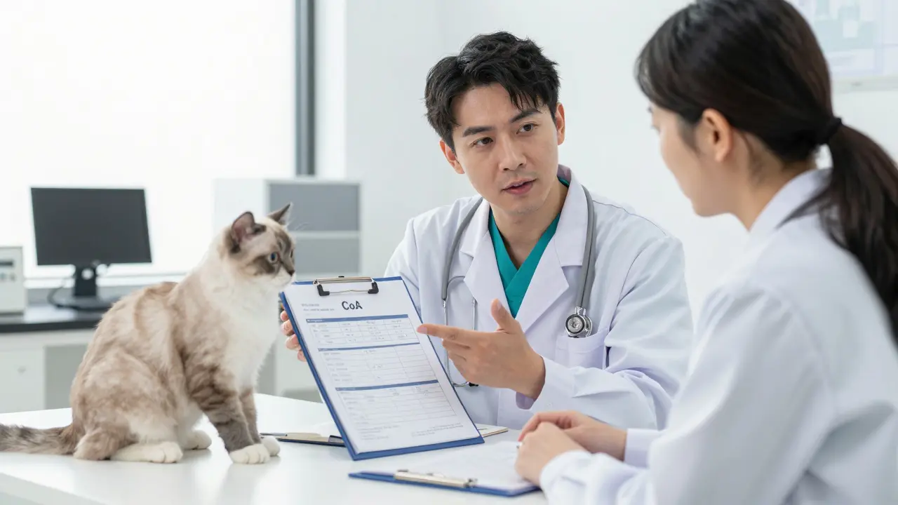 Veterinář konzultující certifikát analýzy CBD oleje s majitelem kočky.