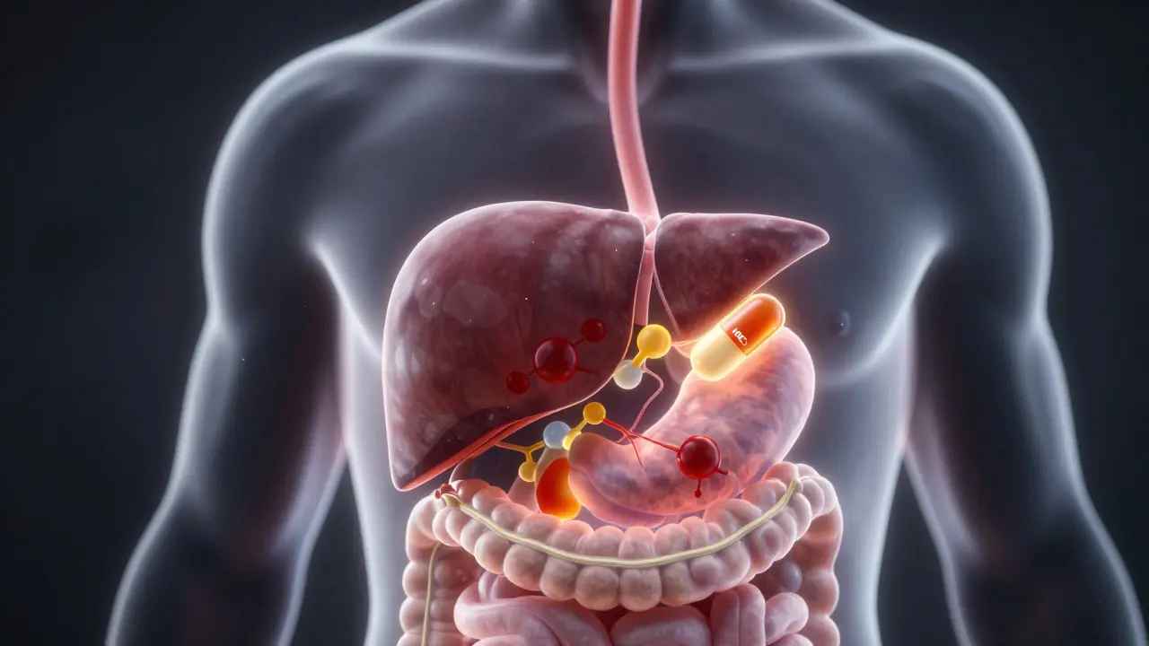 Anatomická vizualizace metabolismu HHC v játrech a střevech