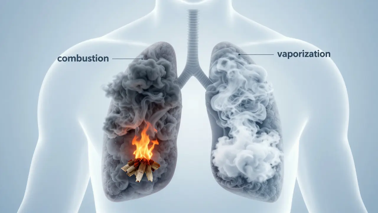 Ilustrace plic srovnávající škodlivý kouř z kouření s čistější párou z vapingu.