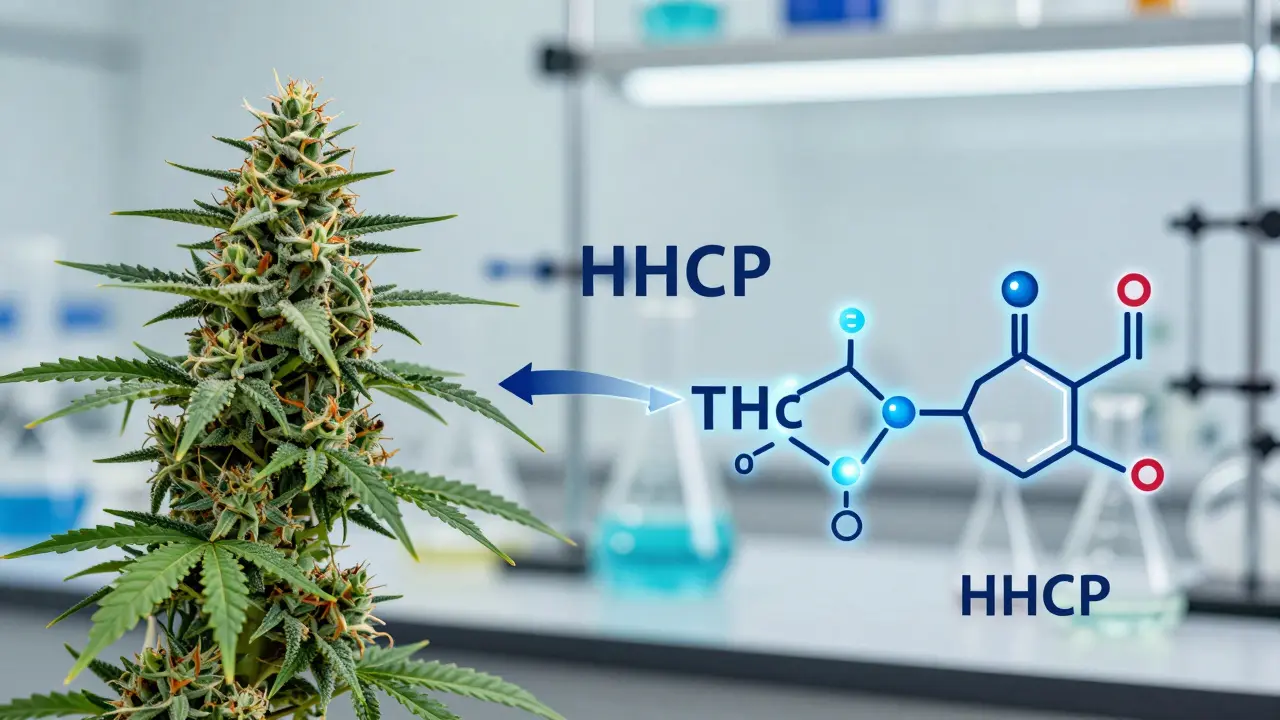 Ilustrace přeměny přírodních kanabinoidů na HHCP v laboratoři.