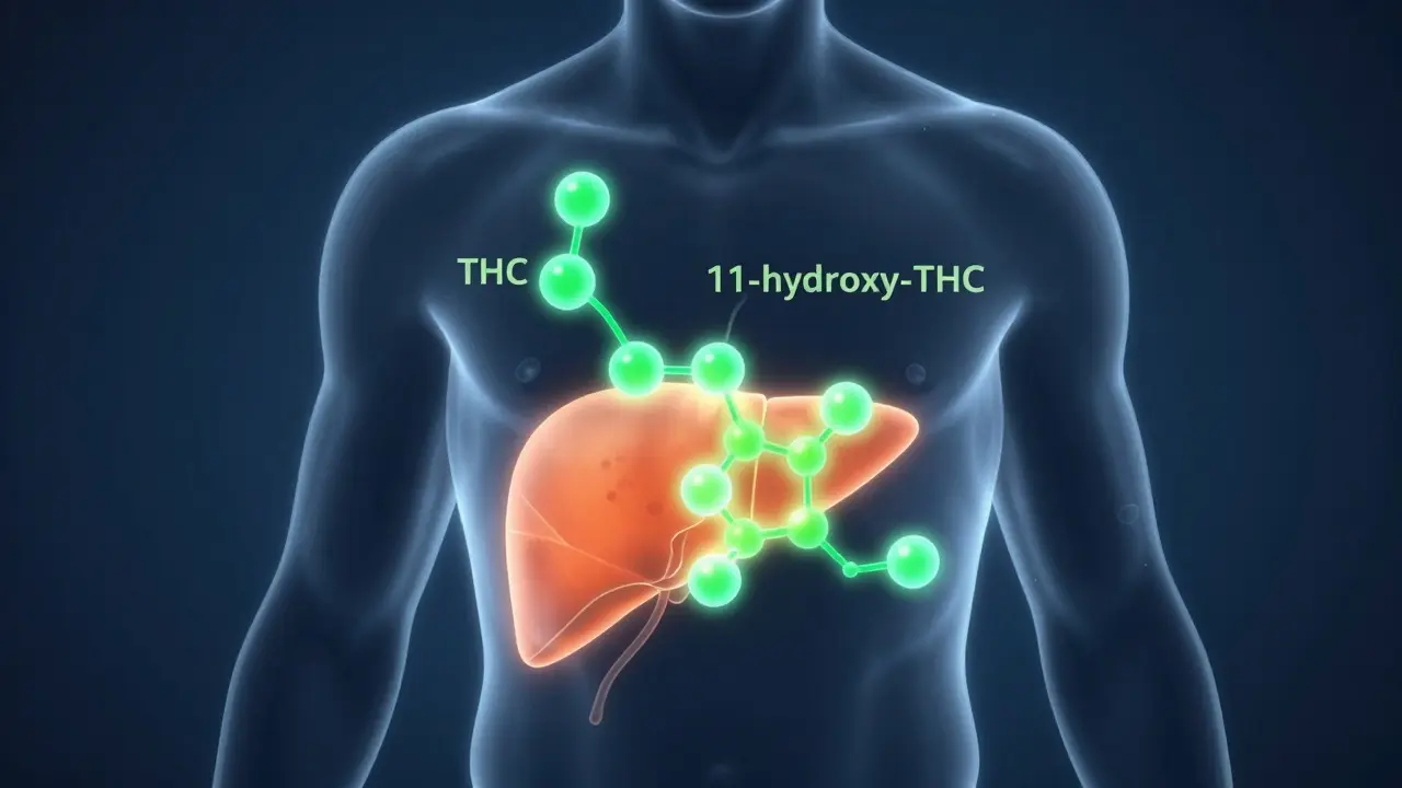 Konceptuální ilustrace přeměny THC v těle uvnitř siluety člověka