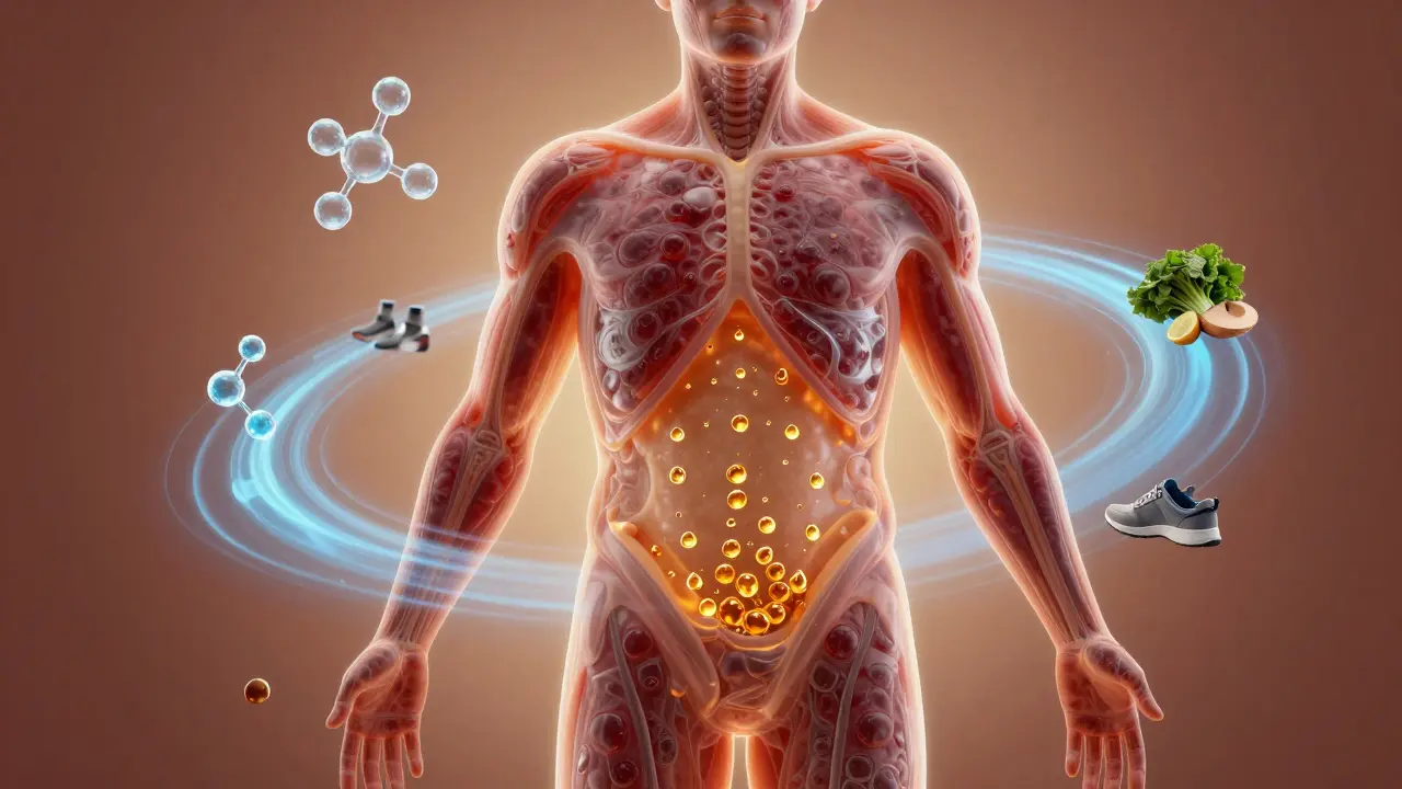 Konceptuální umění zobrazující ukládání metabolitů do tukové tkáně těla