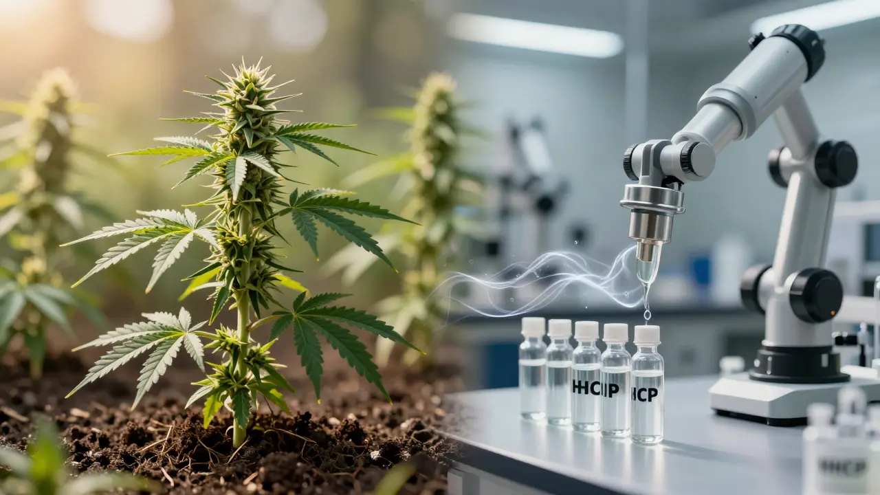 Kontrast mezi divokou rostlinou konopí a sterilní chemickou laboratoří.