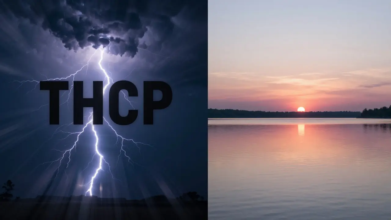 Kontrastní scény bouřlivé energie pro THCP a klidného západu slunce pro HHC-P