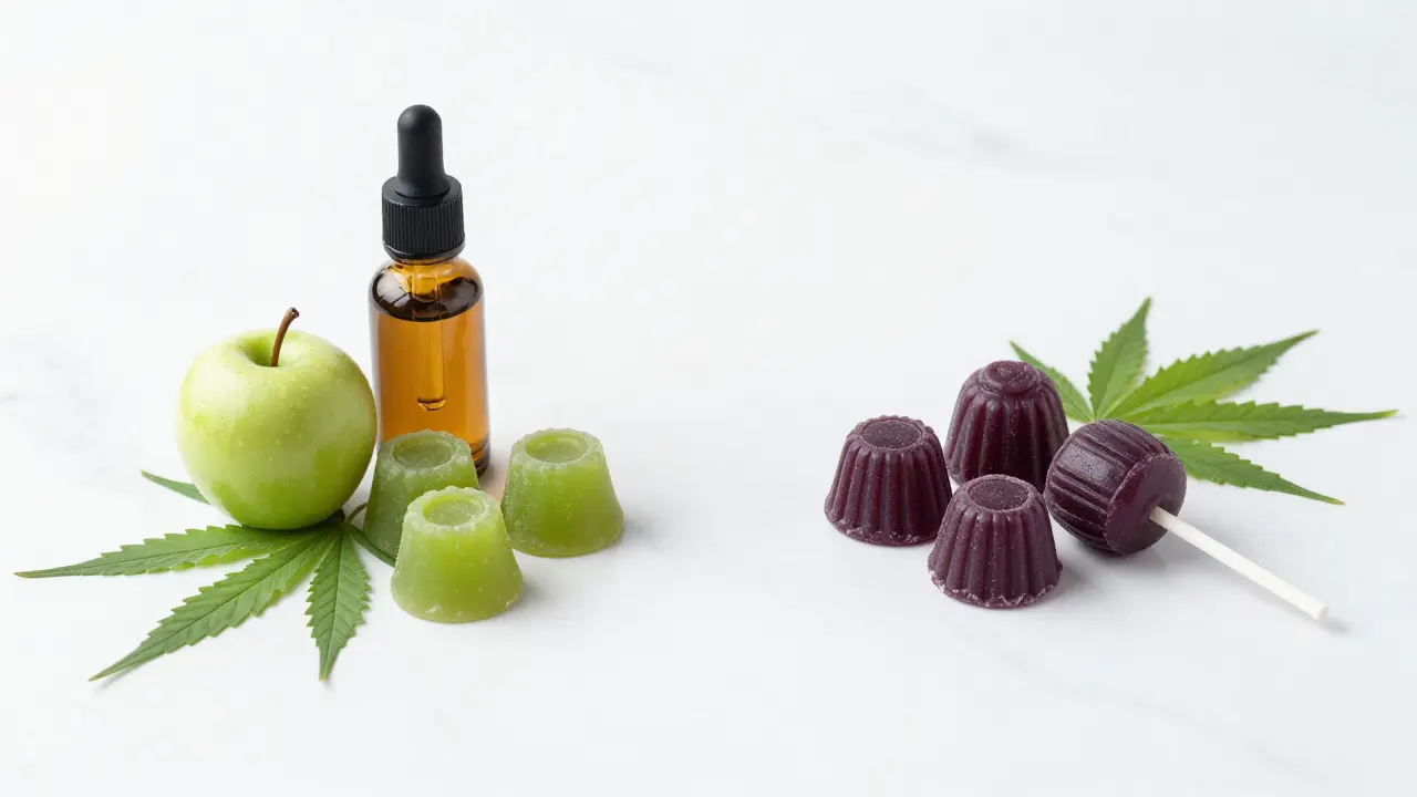 Srovnání zelených CBD medvídků a fialových THC lizáků na mramoru