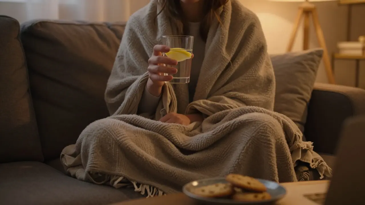 Uvolněná osoba s dekou a citronovou vodou v klidné místnosti