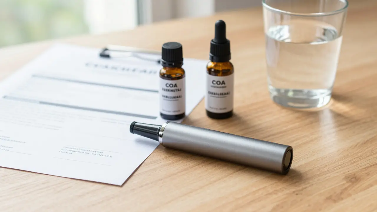 Vaporizér, tinktura a certifikát analýzy pro bezpečnou konzumaci konopných produktů.