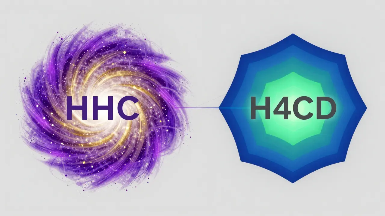 Abstraktní srovnání účinků HHC a H4CBD pomocí barev