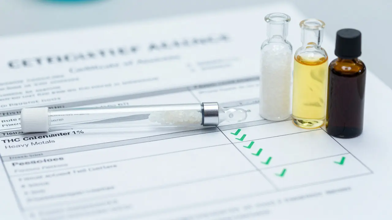 CBD kartuše vedle certifikátu analýzy z laboratoře na stole