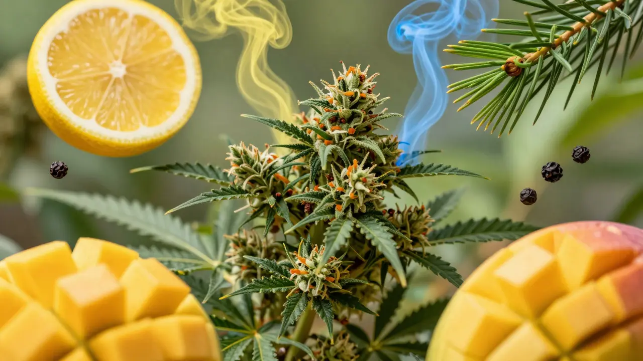 Květy konopí obklopené citrusy, borovicemi a mangem symbolizující vliv terpenů
