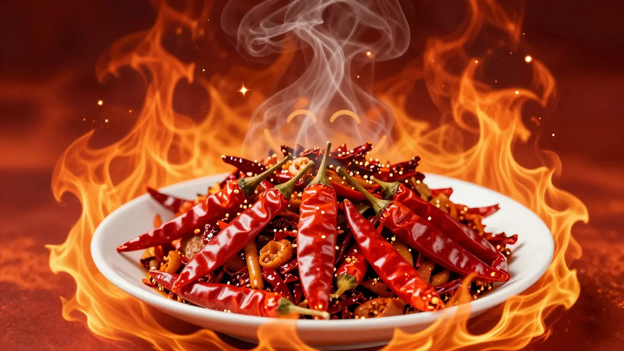 Pikantní chilli papričky s abstraktními ohnivými efekty představující endorfiny