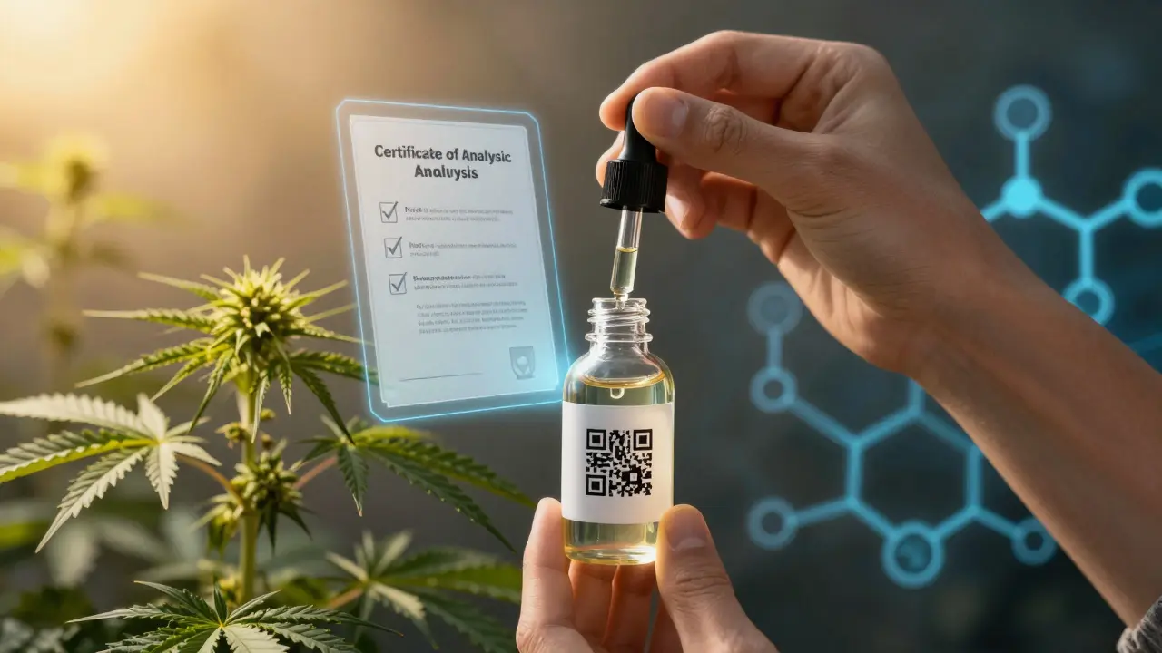Ruka drží lahvičku s olejem a hologramem certifikátu analýzy čistoty