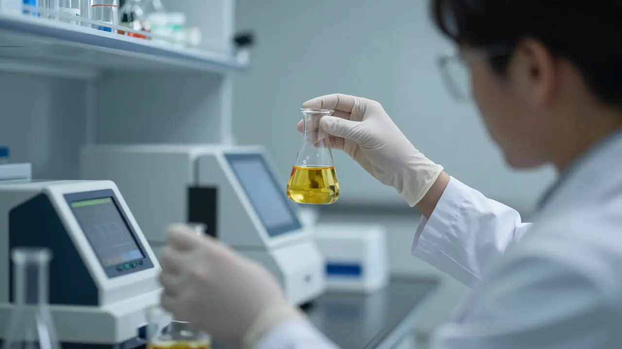 Vědec v laboratoři zkoumá oleje kanabinoidů za klinického osvětlení
