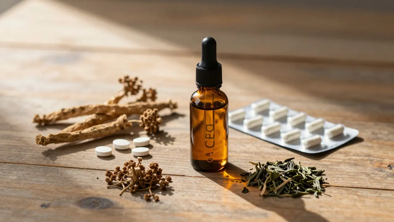 CBD olej vedle valeriány a melatoninu na dřevěném stole