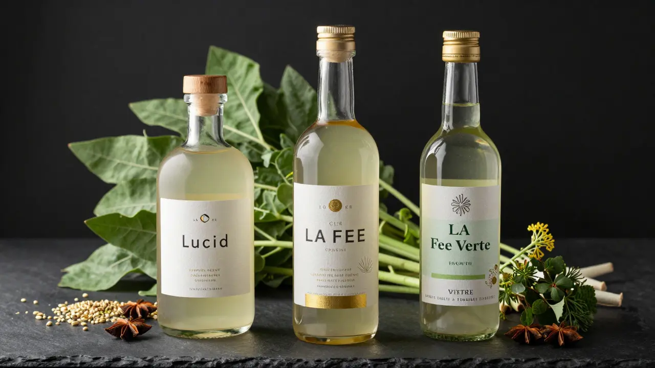 Elegantní lahve prémiového absintu s čerstvými bylinkami na tmavém podkladu