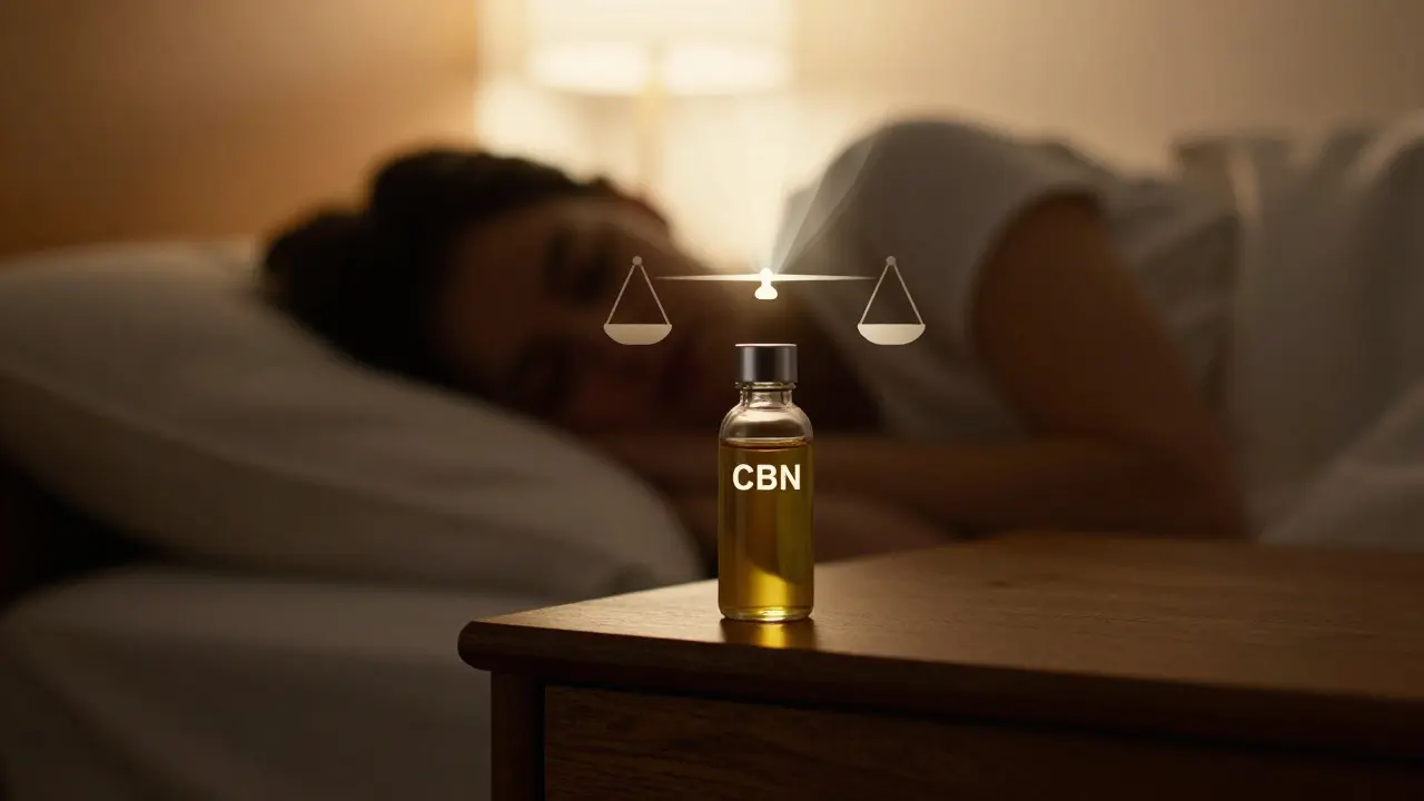 Flaška s kapkami CBN na nočním stolku při teplém světle lampy