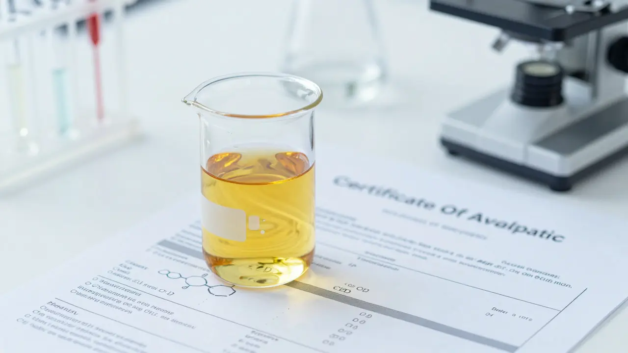 Laboratorní sklenice s CBD olejem a certifikátem analýzy pro ověření kvality