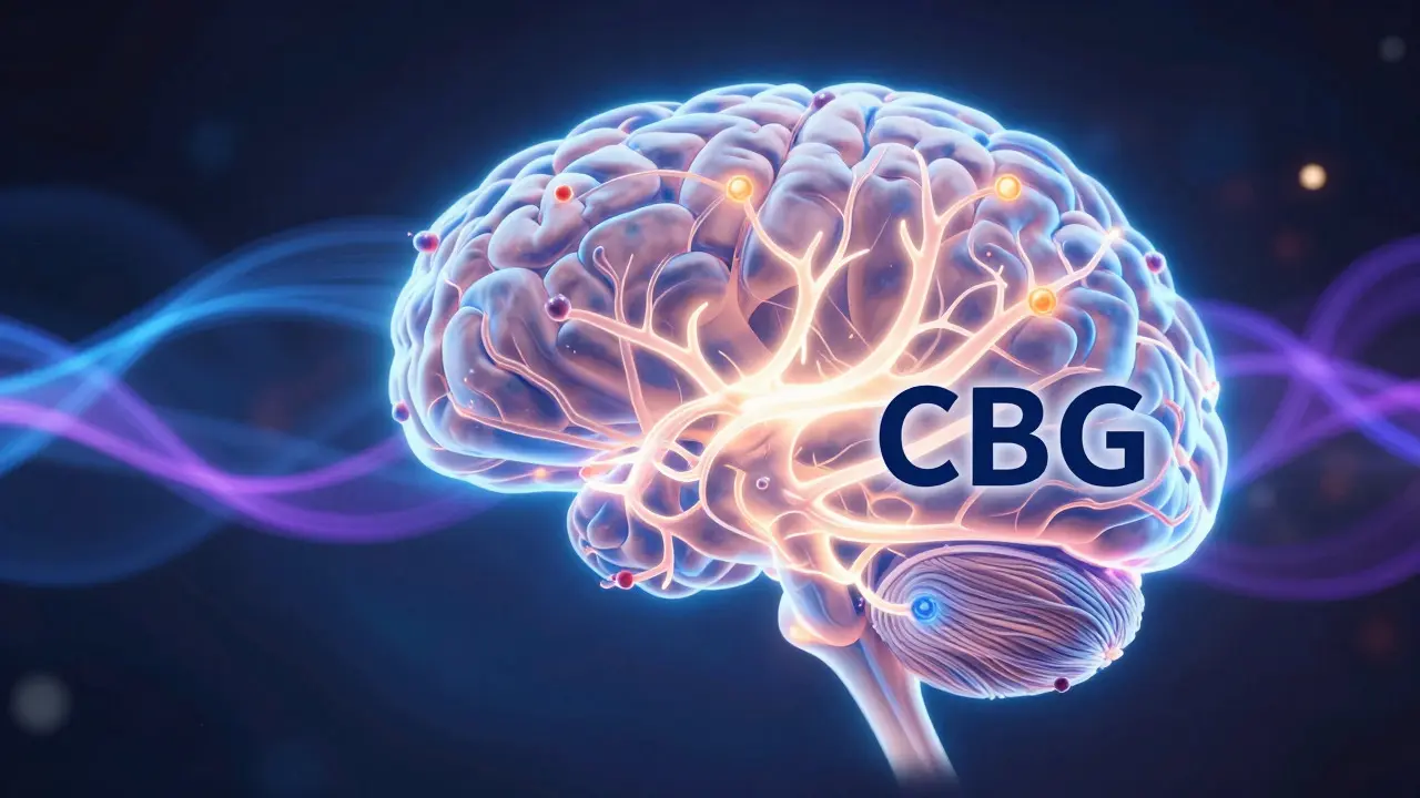 Abstraktní ilustrace neuronové sítě a účinku CBG na mozek