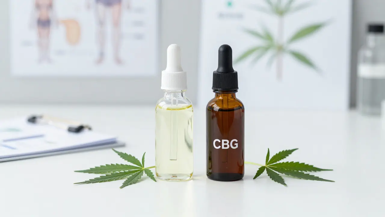 Láhev CBD a CBG oleje vedle sebe na bílém stole